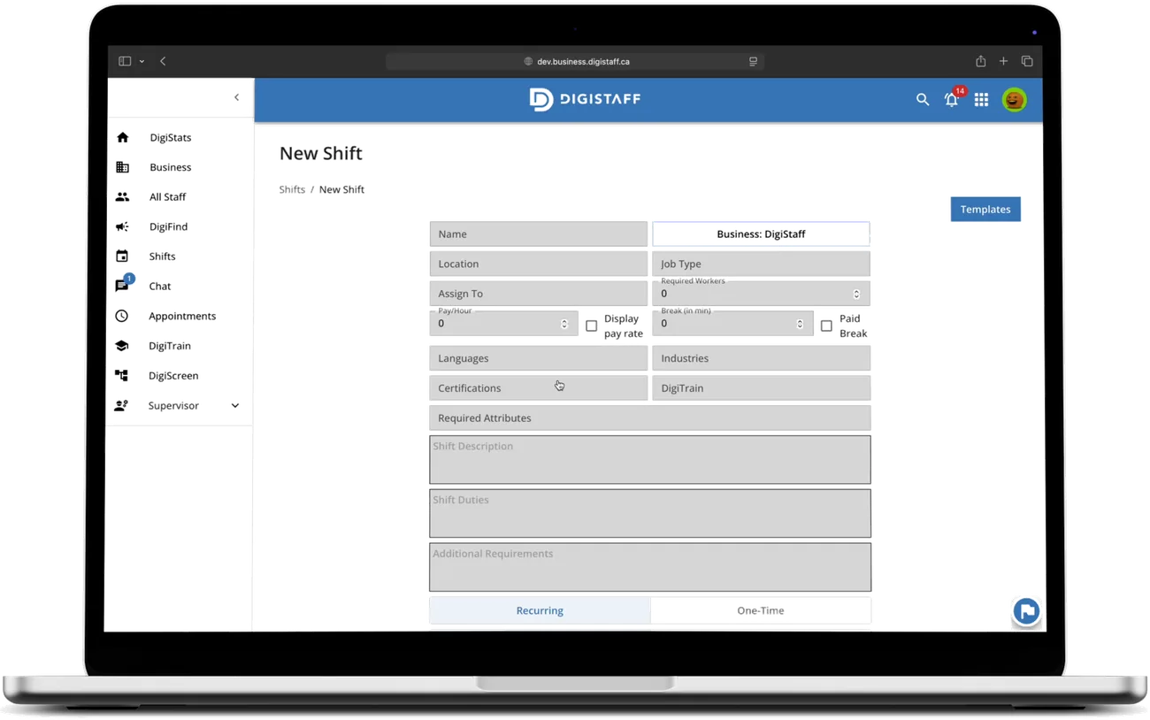 DigiStaff New Shift creation form with fields for location, job type, pay rate, certifications and recurring scheduling.