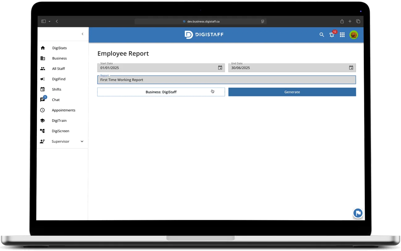 DigiStaff Employee Report screen with date range, report type selector and generate action for workforce reporting.