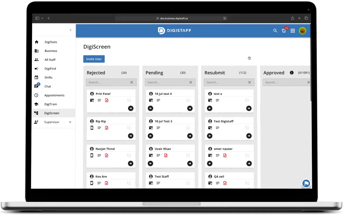 DigiStaff DigiScreen worker screening board with Rejected, Pending, Resubmit and Approved candidate columns.